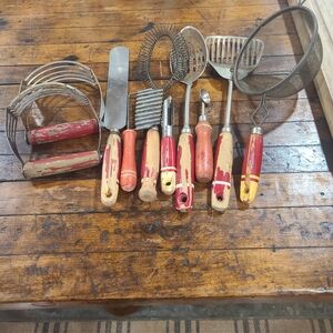 Vintage Red and Wood Kitchen Utensil Set